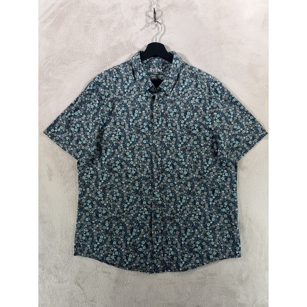 Rhone Commuter Shirt Mens Large Blue Floral Performance Stretch Short Sleeve